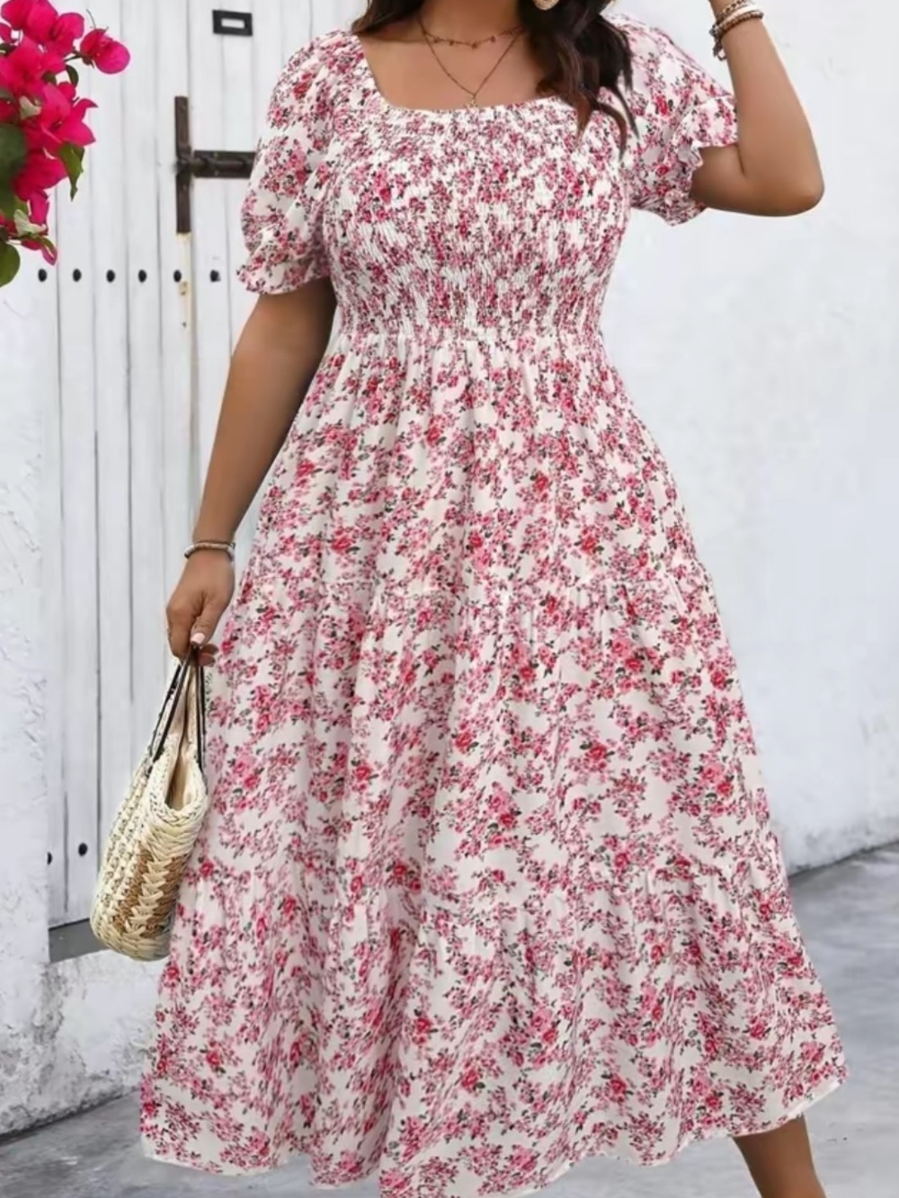 Floral Smocked Midi Dress - Pink